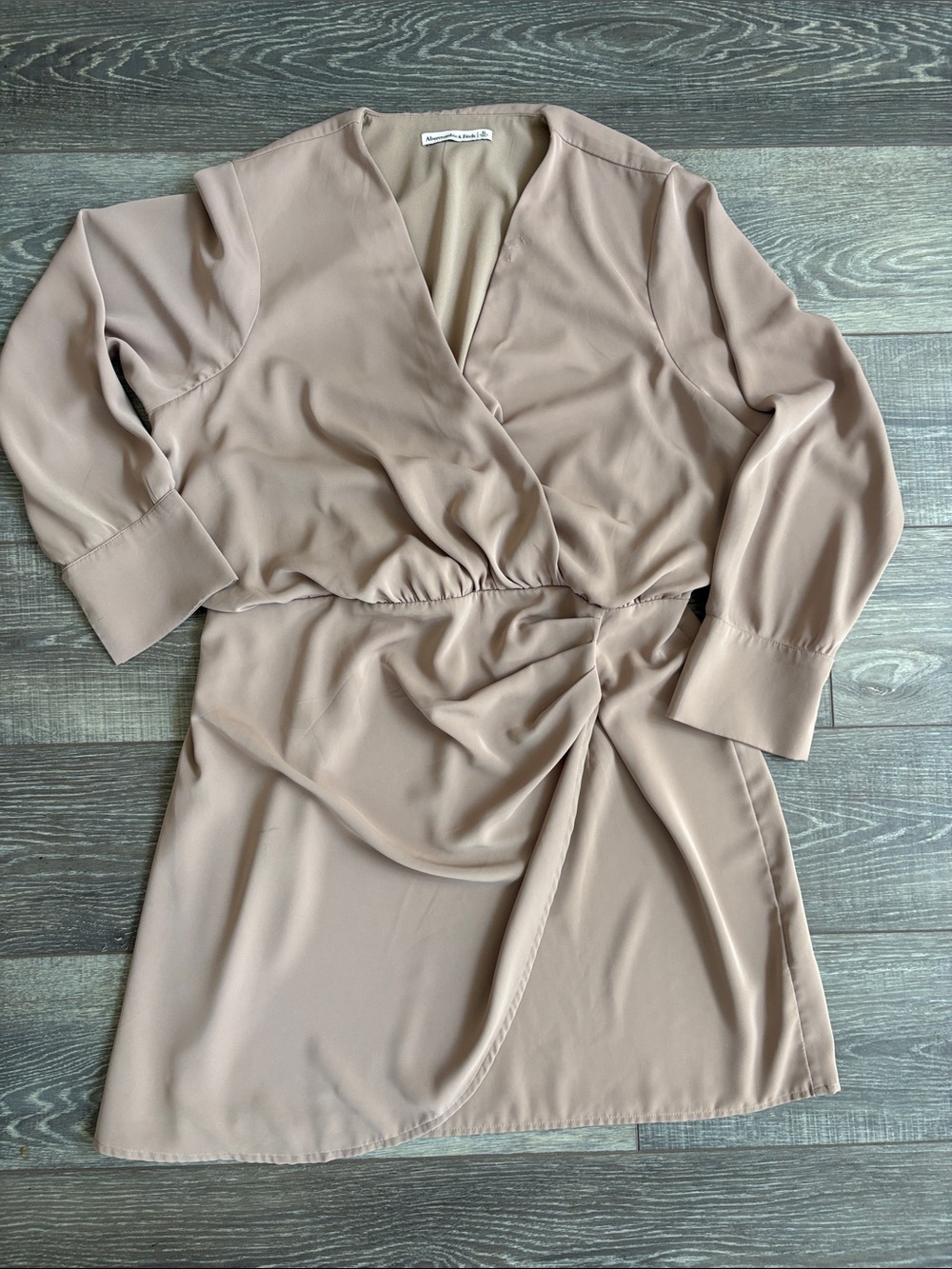 Abercrombie & Fitch Dusty Taupe Long-Sleeve Wrap-Front Dress